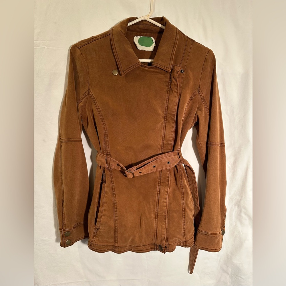 Anthropologie Brown Utility Jacket Asymmetrical Belted Design